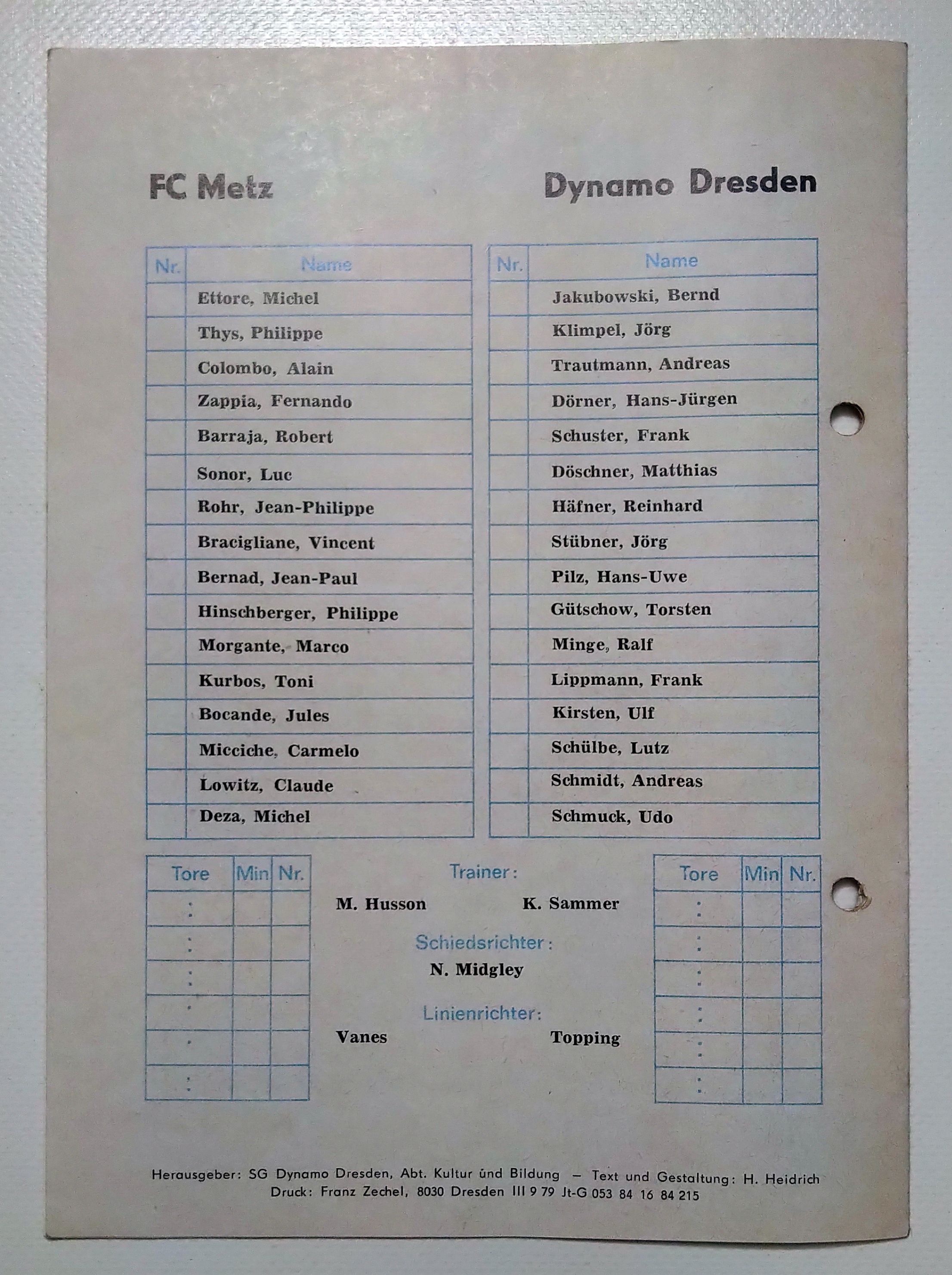 Fußball Programmheft FC Metz - Dynamo Dresden 1984