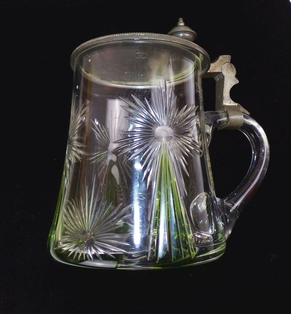 Jugendstil Bierkrug Glas Humpen Zinndeckel Grün Geschliffenes Dekor Jugendstil Bierkrug Glas Humpen Zinndeckel Grün Geschliffenes Dekor