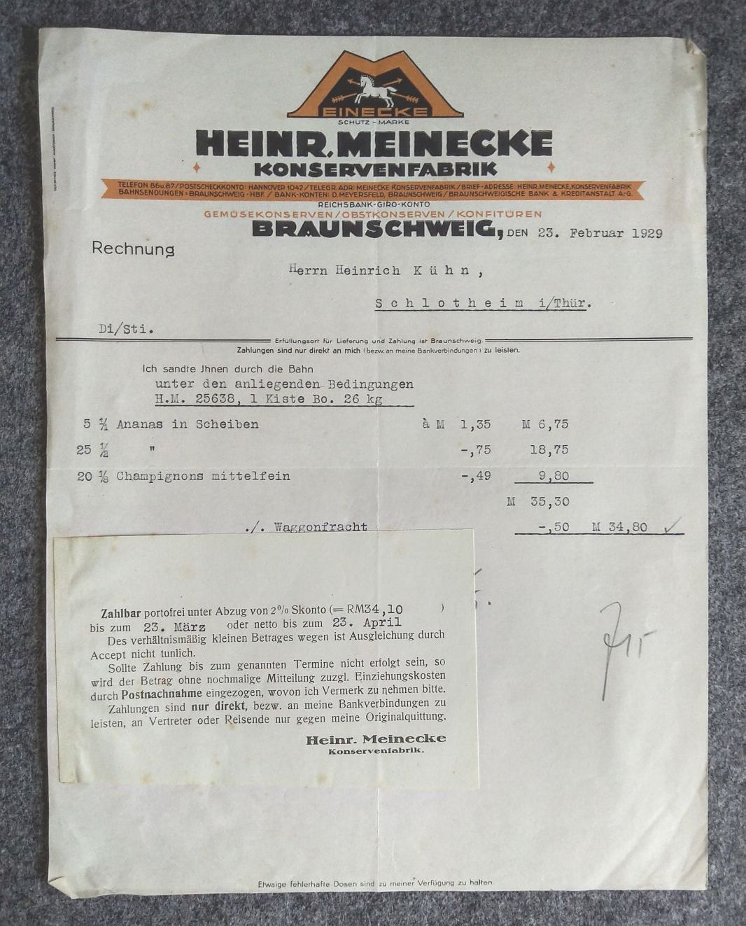 Rechnung Heinrich Meinecke Konservenfabrik Braunschweig 1929 Rechnung Heinrich Meinecke Konservenfabrik Braunschweig 1929