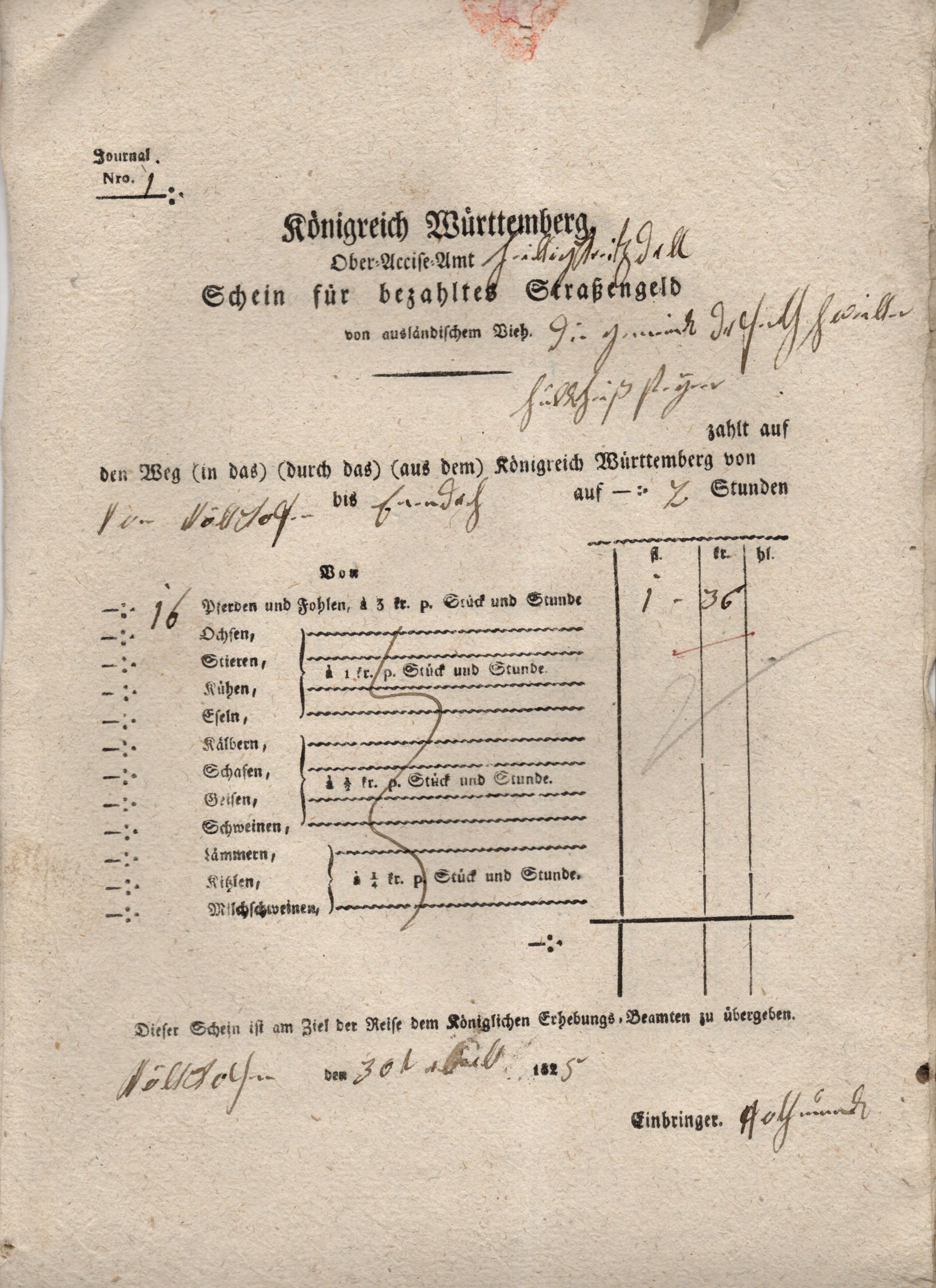 Schein für bezahltes Straßengeld Königreich Württemberg 1825 Dokumente Schein für bezahltes Straßengeld Königreich Württemberg 1825 Dokumente