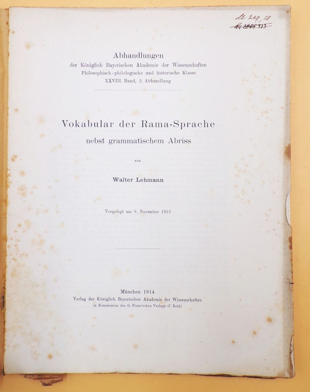Vokabular der Rama Sprache nebst grammatischem Abriss Walter Lehmann
