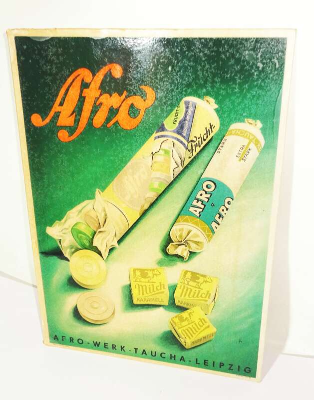 DDR Pappschild Afro Milch Karamell Bonbons Dragees Taucha Leipzig 1958