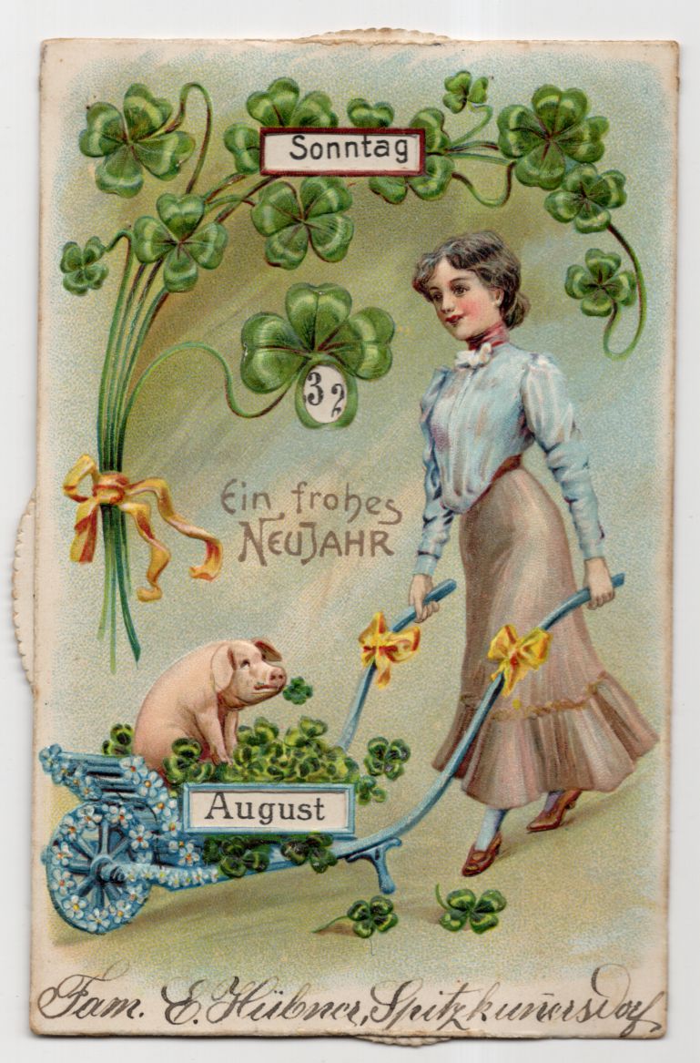 Mechanische Ak Dame mit Schwein Leiterwagen Blumen geprägter Kalender Mechanische Ak Dame mit Schwein Leiterwagen Blumen geprägter Kalender