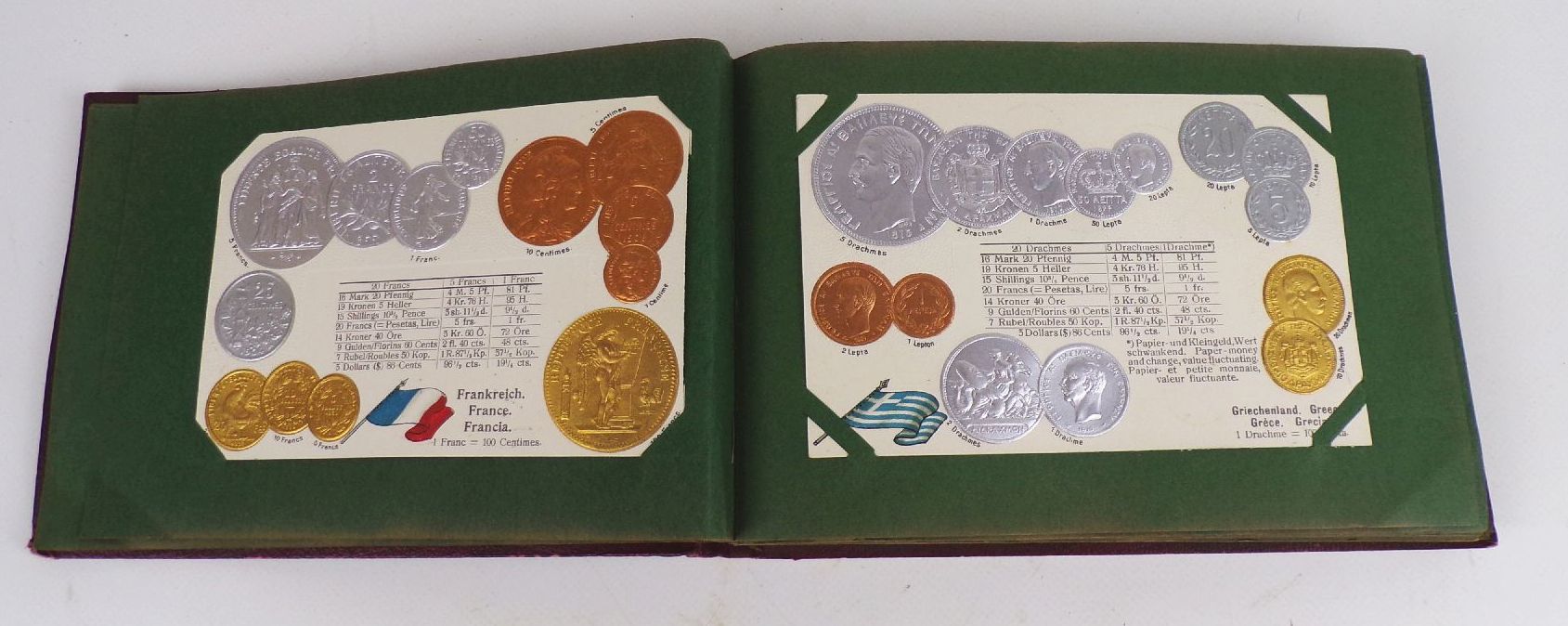 Geldsorten aller Länder Postkartenalbum Geld Münz Ansichtskarten um 1910 Rarität 45 Präge Ansichtskarten