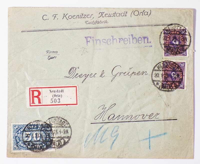 R Brief Neustadt Orla Koenitzer Tuchfabrik 1923 Infla