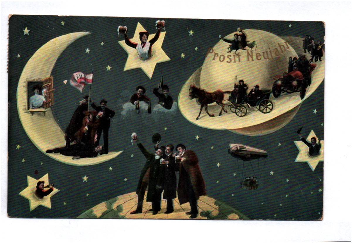 Ak Prosit Neujahr Weltall Kosmos Mond Sterne Zeppelin 1913