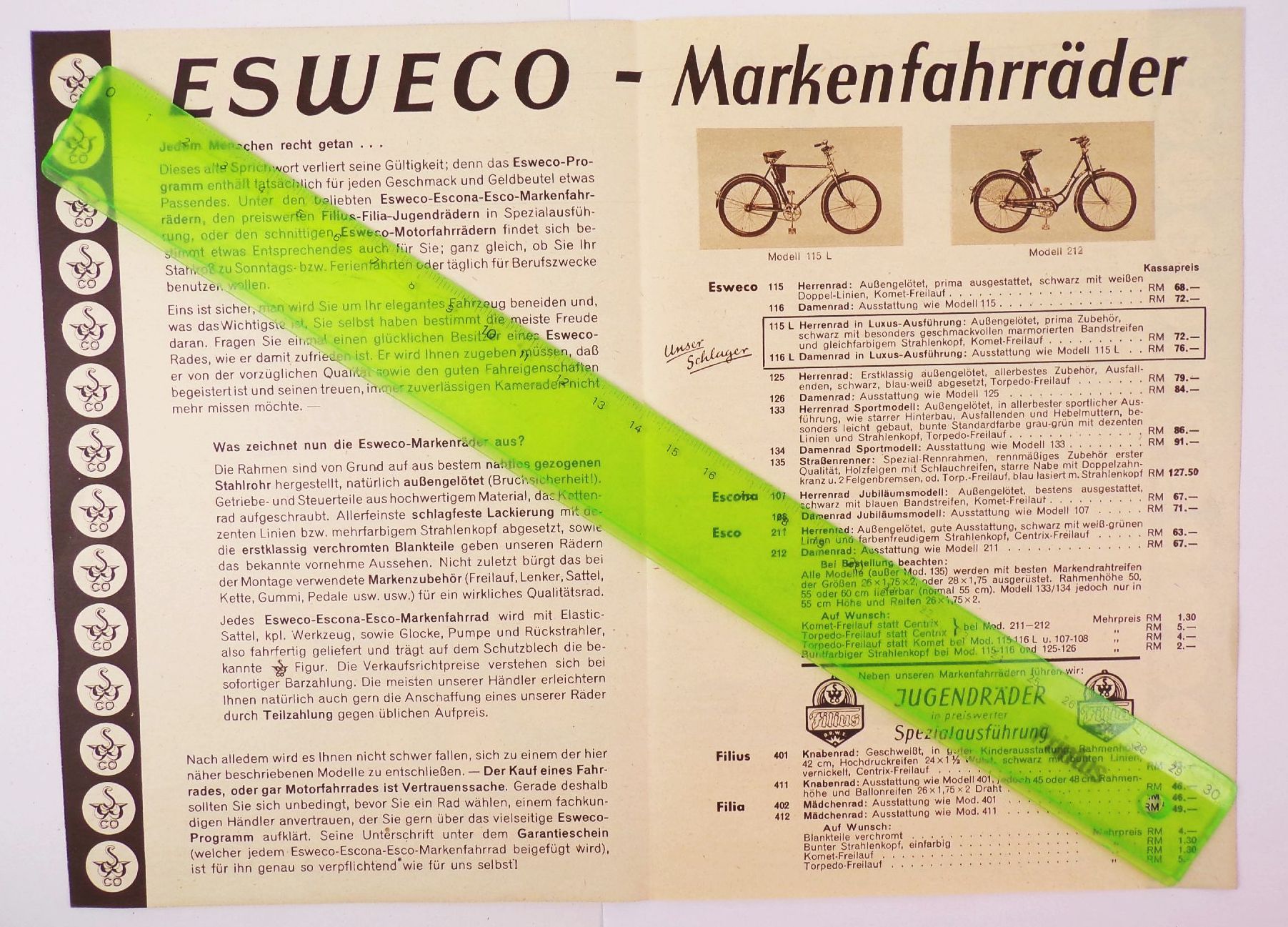 Werbe Prospekt Esweco Fahrräder Speiermann Weigel u Co Chemnitz um 1935 Fahrrad