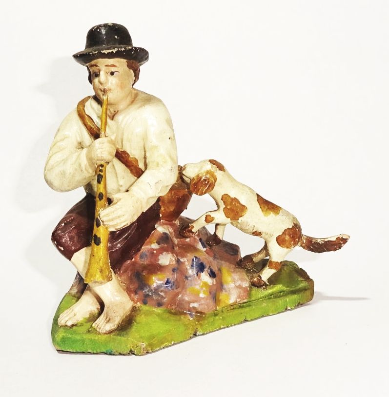 Geschnitzte Krippenfigur Flötenspieler mit Hund Hirte Lindenholz Uralt