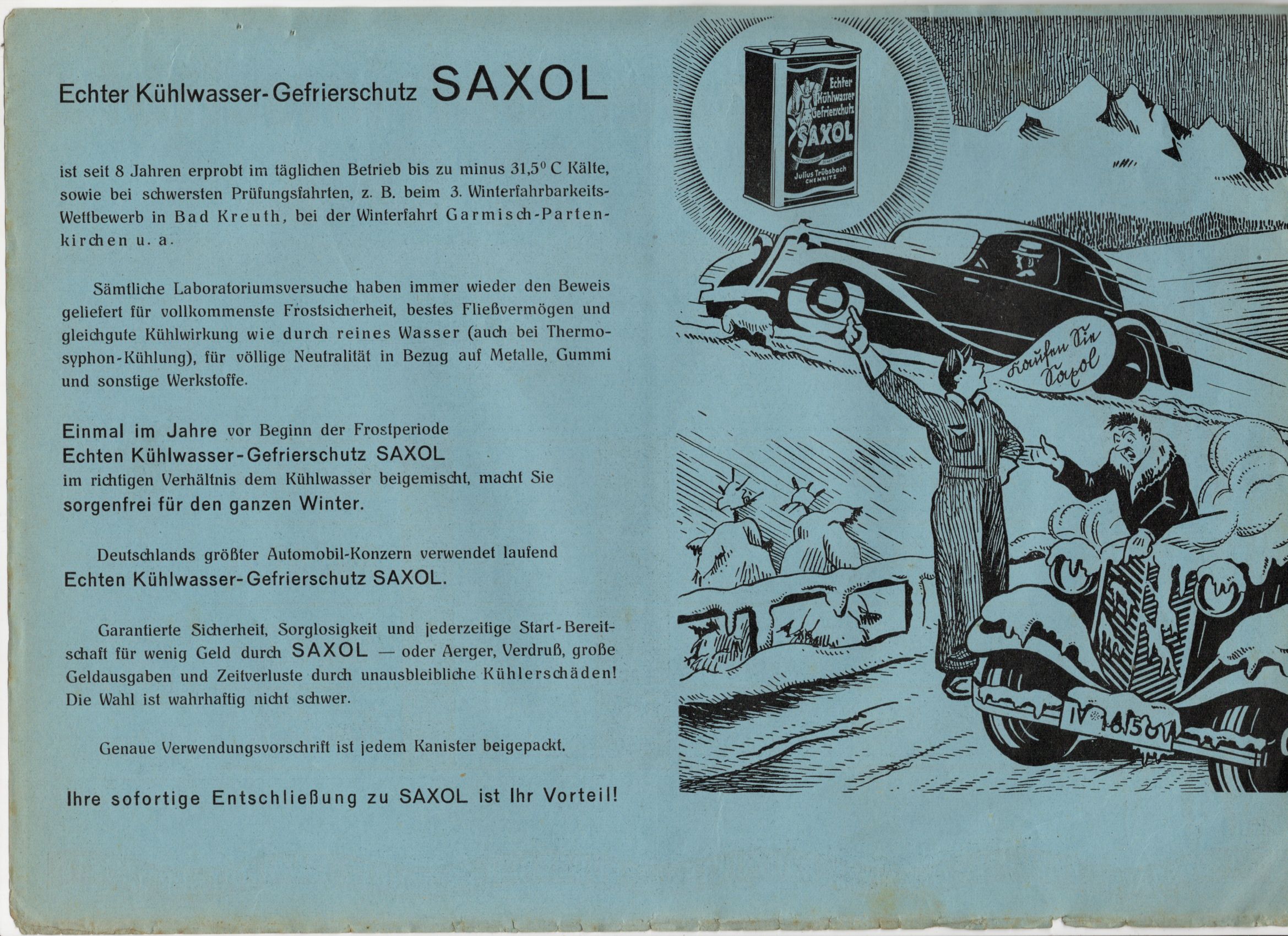 Alter Werbedruck Kühlwasser Saxol Automobil Reklame Blatt um 1935