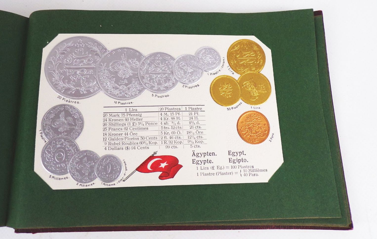 Geldsorten aller Länder Postkartenalbum Geld Münz Ansichtskarten um 1910 Rarität 45 Präge Ansichtskarten