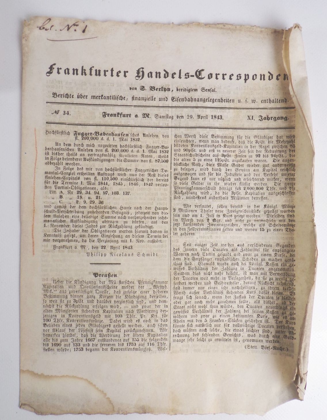 Frankfurter Handels Correspondent Eisenbahn 1839 bis 1845 Zeitung
