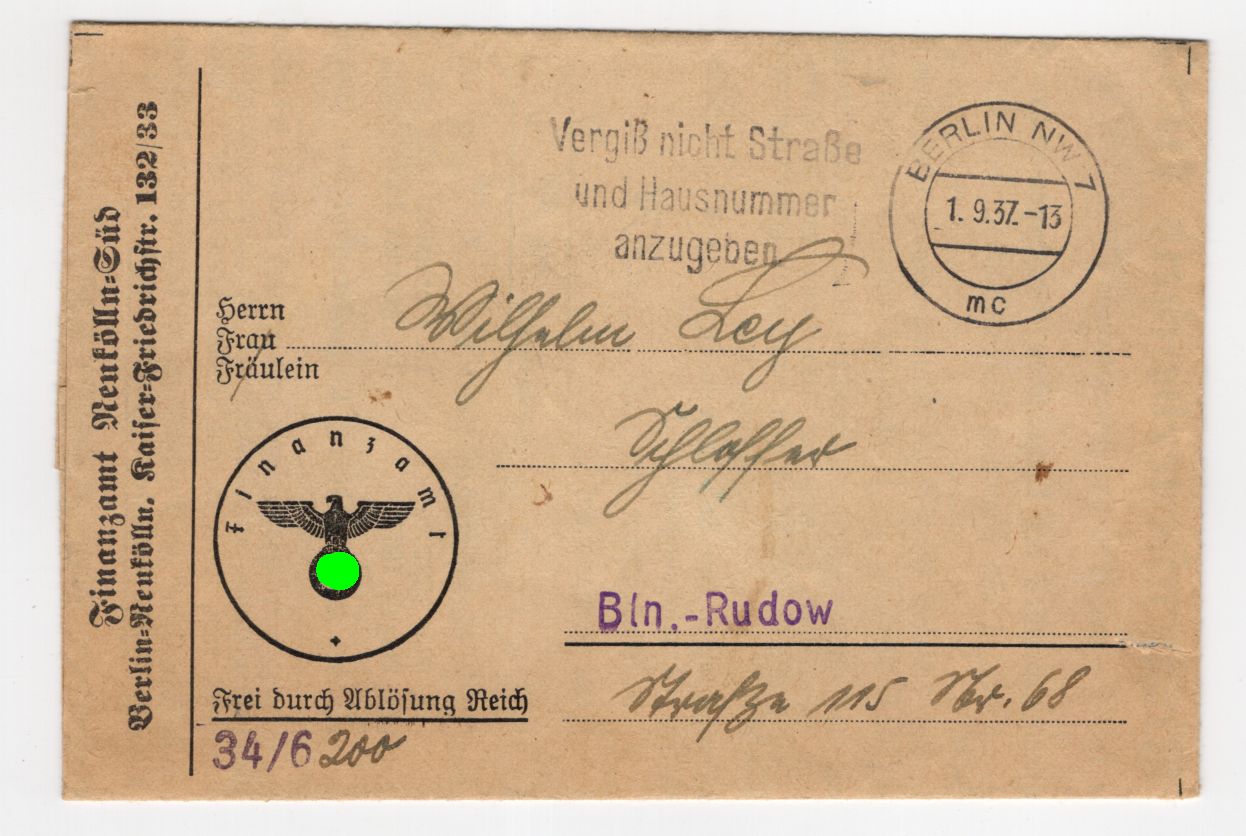Brief Finanzamt Berlin Neukölln 1937 nach Rudow III Reich