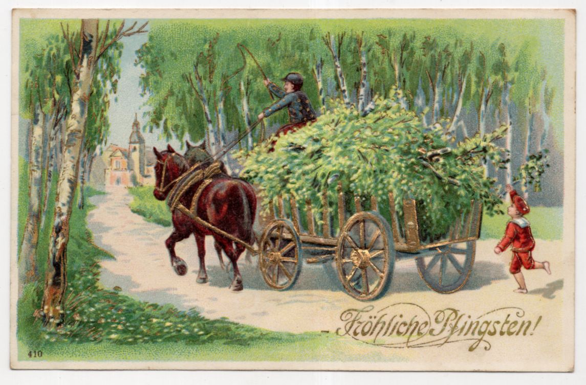 Präge Litho Ak Kutsche Pferdegespann Fröhliche Pfingsten gold geprägt 