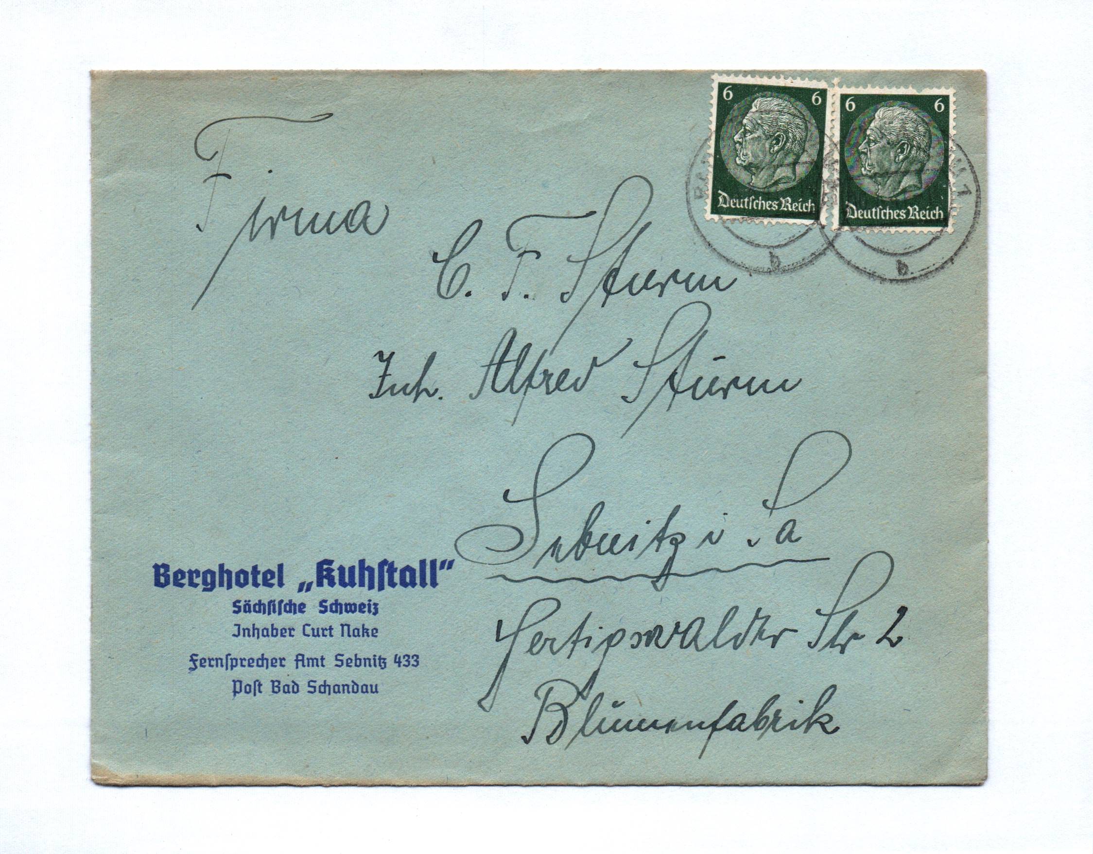 Brief Berghotel Kuhstall Sächsische Schweiz Bad Schandau 1941 Brief Berghotel Kuhstall Sächsische Schweiz Bad Schandau 1941