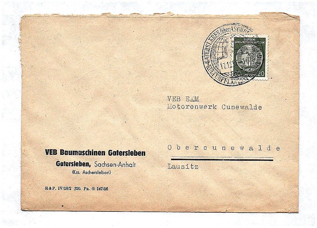 Brief VEB Baumaschinen Gatersleben an VEB EKM Motorenwerk Cunewalde 1956