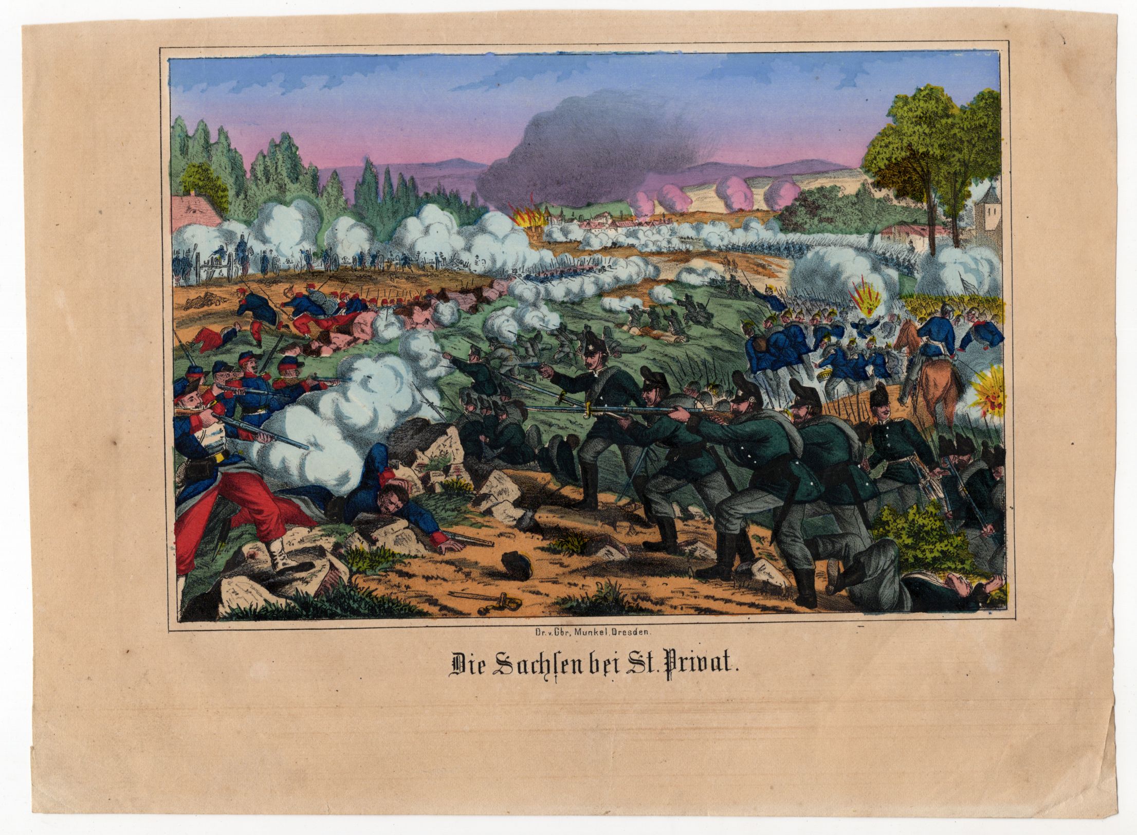 Alte kolorierte Lithografie um 1870 Die Sachsen bei St. Privat Schlacht 