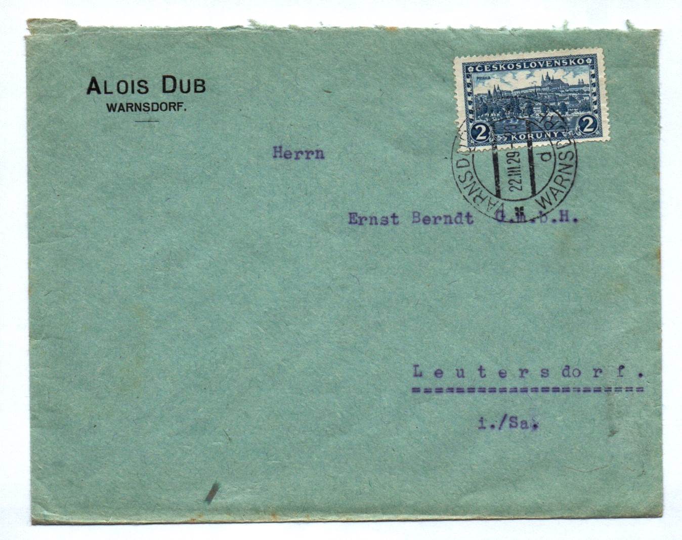 Brief Alois Dub Warnsdorf 1929 Briefkuvert