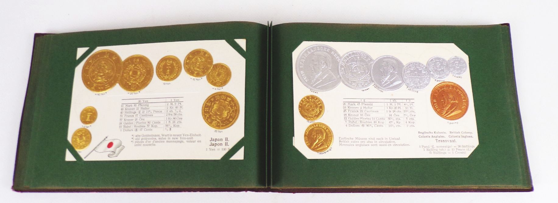 Geldsorten aller Länder Postkartenalbum Geld Münz Ansichtskarten um 1910 Rarität 45 Präge Ansichtskarten