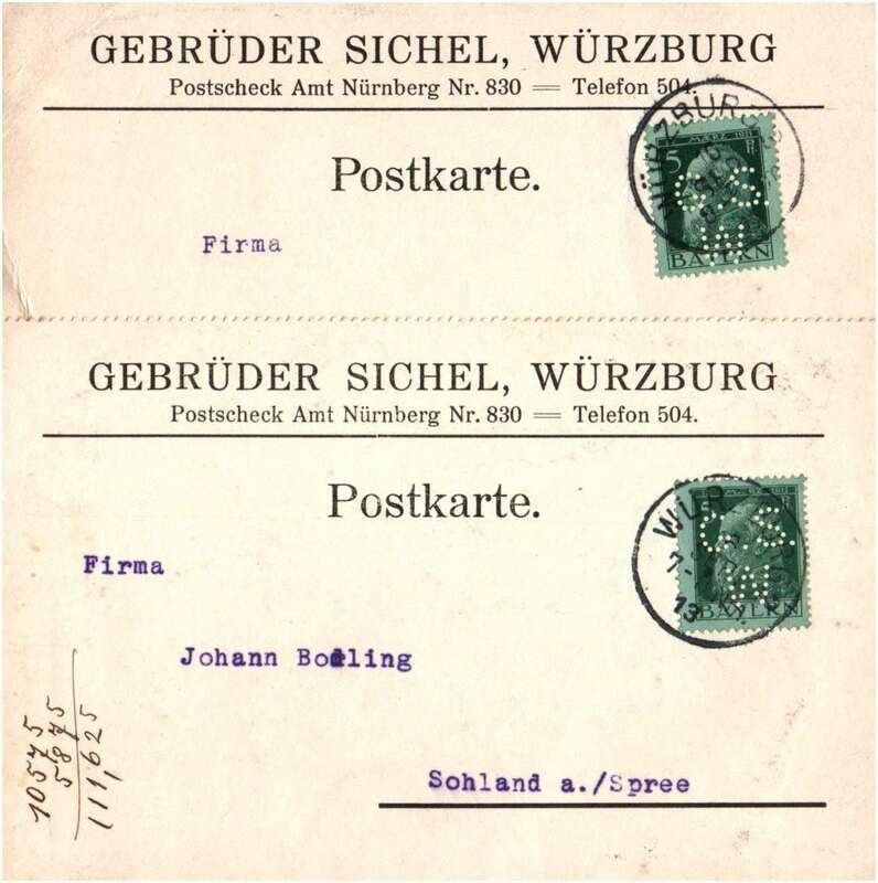 Lot Postkarten Briefe Gebrüder Sichel Würzburg Bayern Firmenlochung 1913