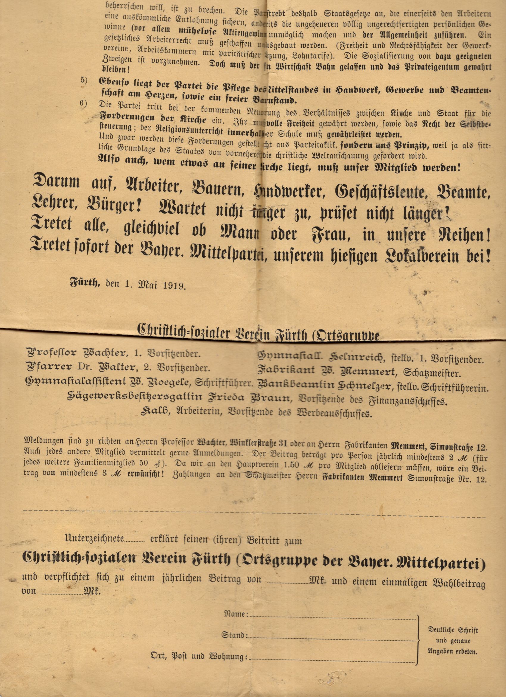 Flugblatt Christliche Sozialer Verein Fürth 1919 Bayerische Mittelpartei Flugblatt Christliche Sozialer Verein Fürth 1919 Bayerische Mittelpartei
