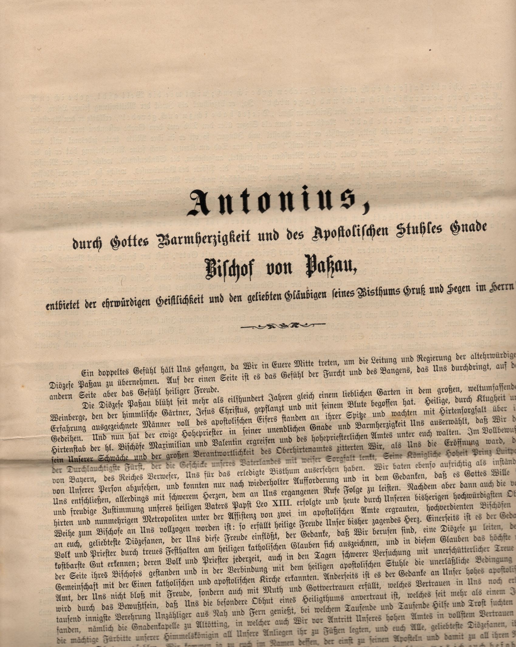 Dokumente Antonius Bischof von Passau 1889 Gruß und Segen