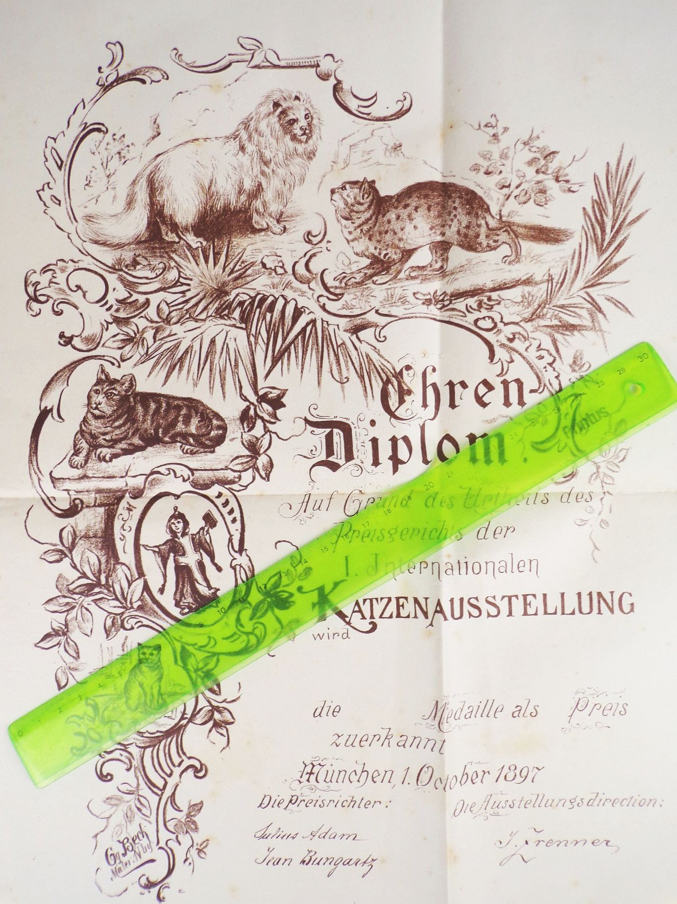 Ehrendiplom Urkunde Katzen Ausstellung München 1897 Ehrendiplom Urkunde Katzen Ausstellung München 1897