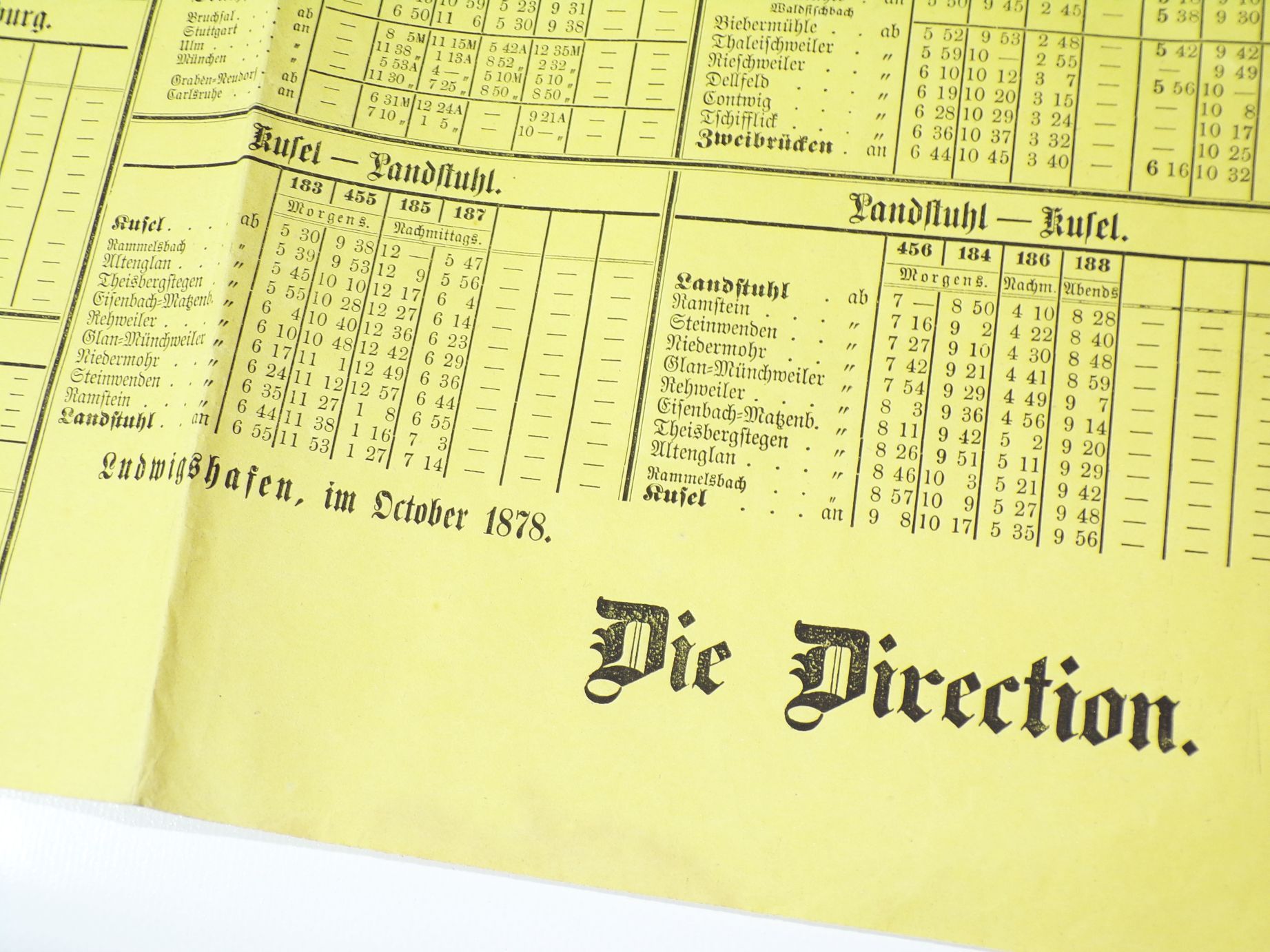 Fahrplan 1878 kgl bayerische pfälzische Eisebahn Original