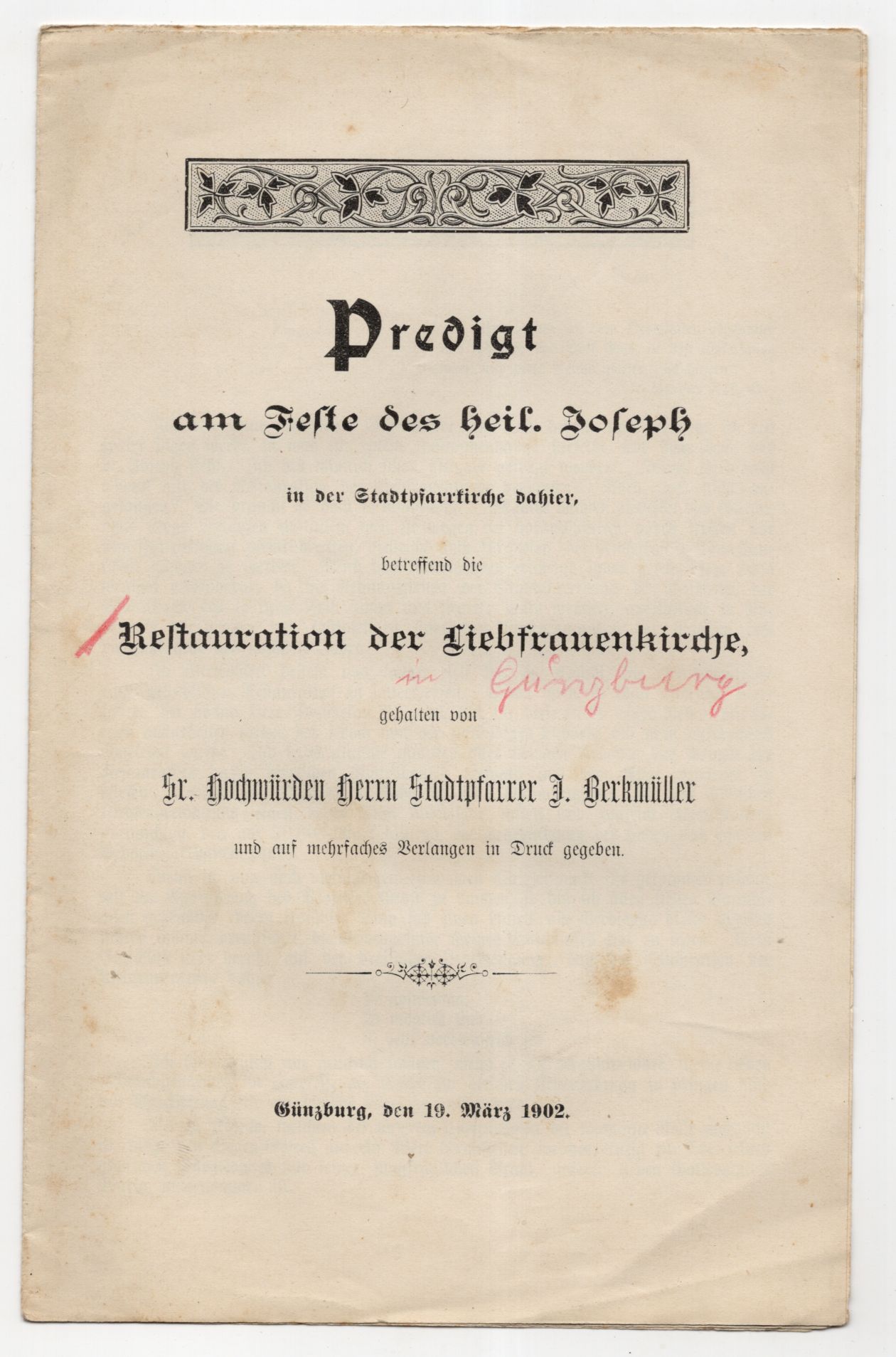 Günzburg Predigt am Feste des heiligen Joseph Stadtpfarrkirche 1902