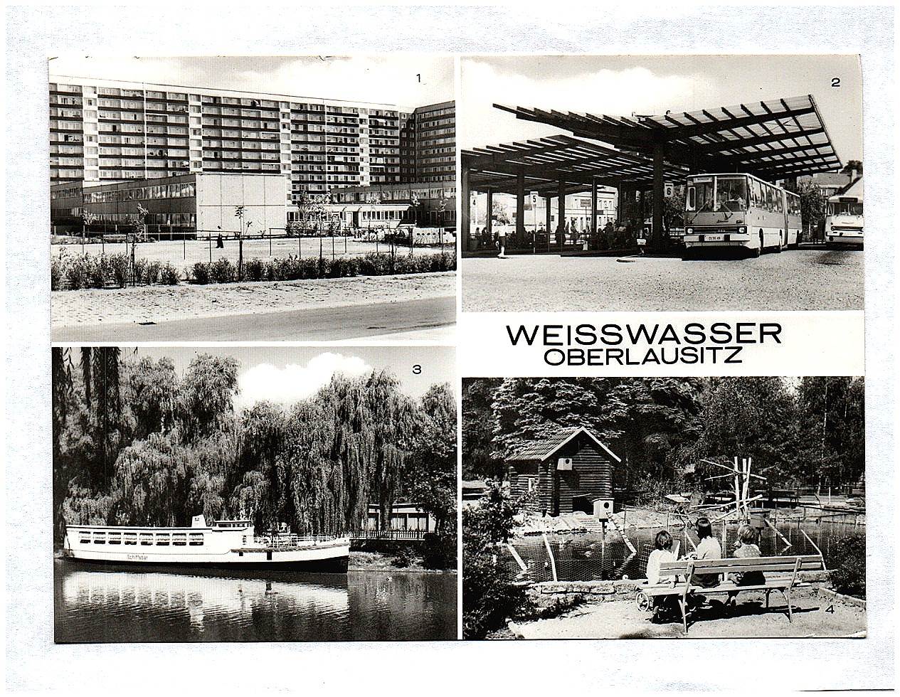 Ak Weisswasser Oberlausitz Wohnkomplex am Wasserturm Leninring Busbahnhof Jahnsteich mit Schiffsbar DDR Ak Weisswasser Oberlausitz Wohnkomplex am Wasserturm Leninring Busbahnhof Jahnsteich mit Schiffsbar DDR
