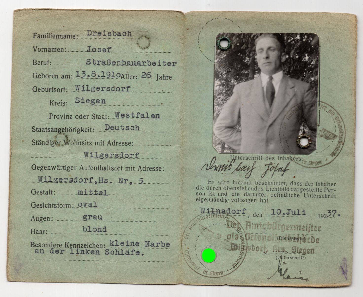 Ausweis Durchgangsverkehr Ostpreußen 1938 Siegen er Straßenbauarbeiter