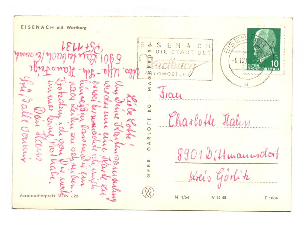 Ak Eisenach mit Wartburg DDR 1965 Ak Eisenach mit Wartburg DDR 1965