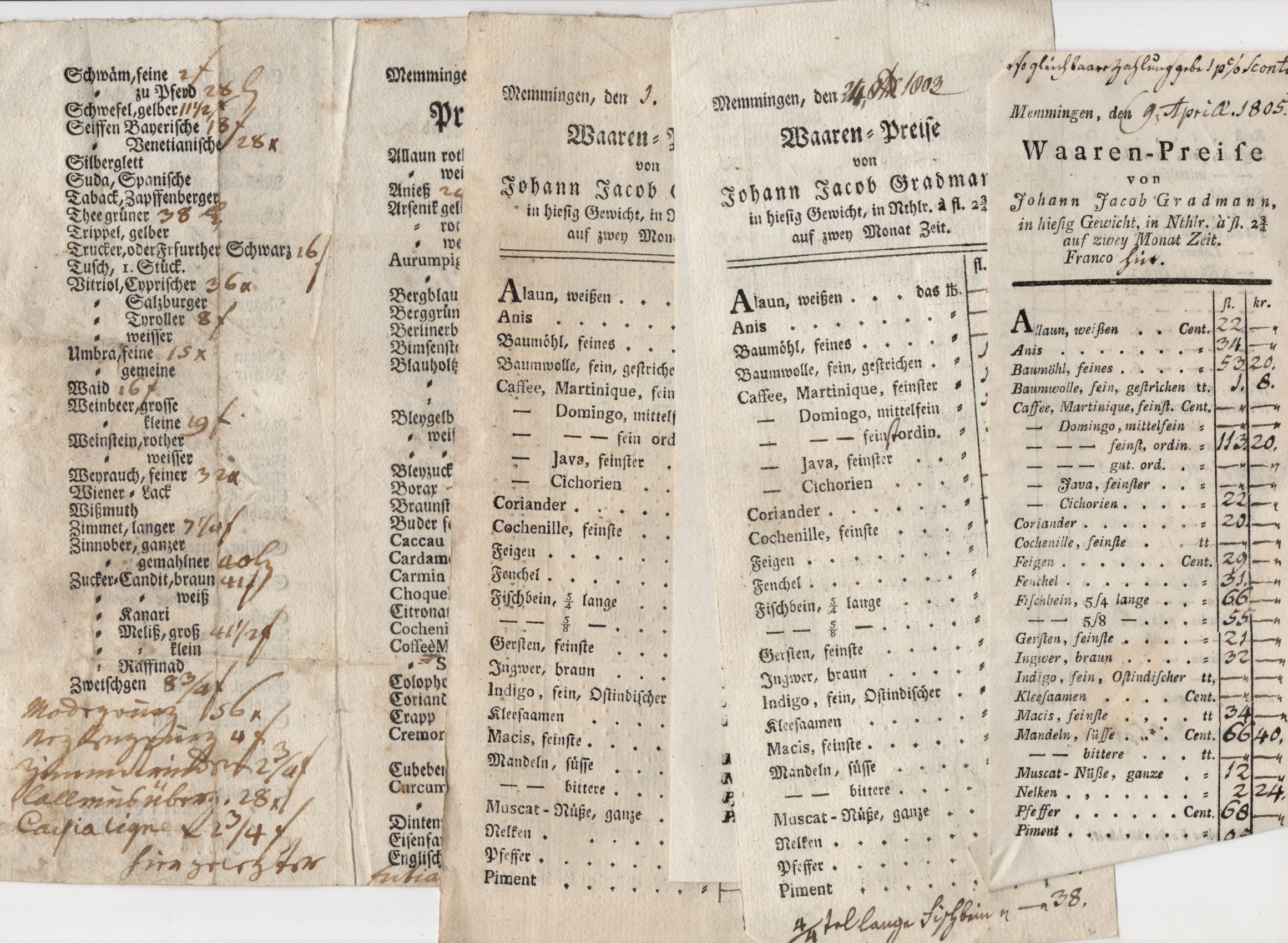 Dokumente Memmingen 1777 bis 1805 Preislisten Dokumente Memmingen 1777 bis 1805 Preislisten