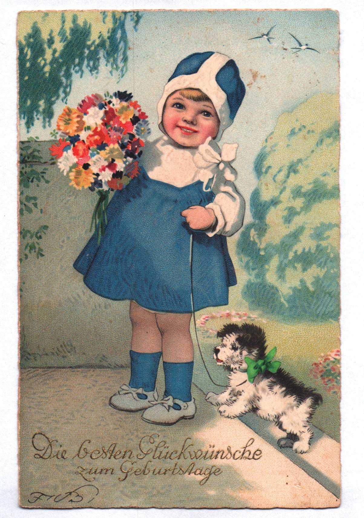 Fritz Baumgarten Ak Mädchen mit Hund und Blumenstrauß Geburtstag