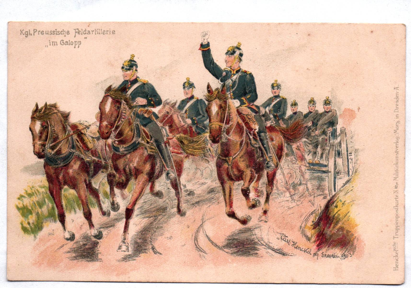Litho Ak kgl Preussische Feldartillerie im Galopp 