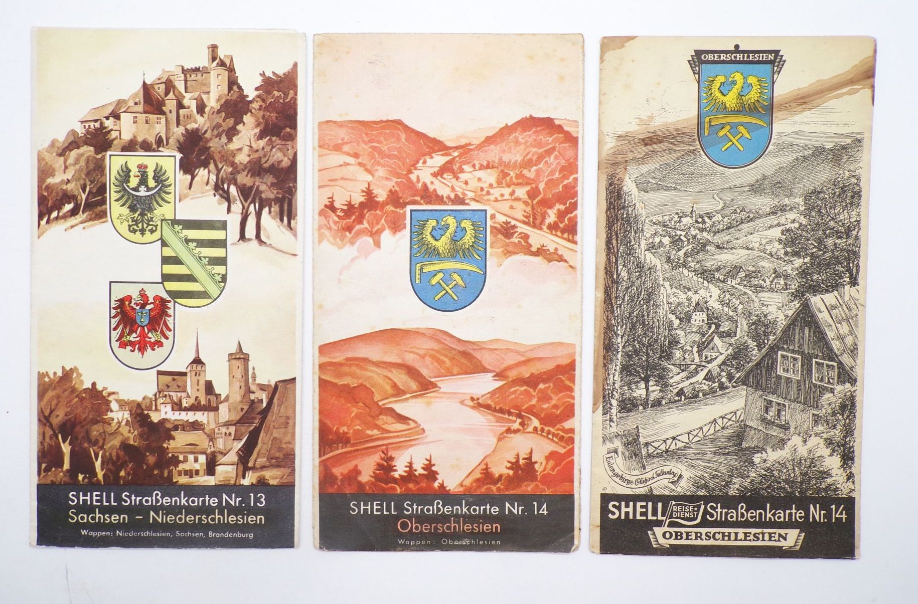 3 x Schlesien Landkarte von Shell um 1930 Oberschlesien Niederschlesien