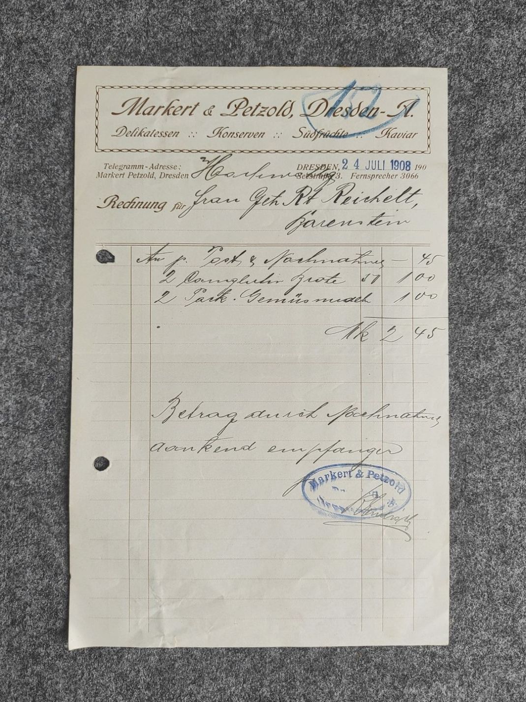 Delikatessen Konserven Südfrüchte 1908 Rechnung Dresden Delikatessen Konserven Südfrüchte 1908 Rechnung Dresden