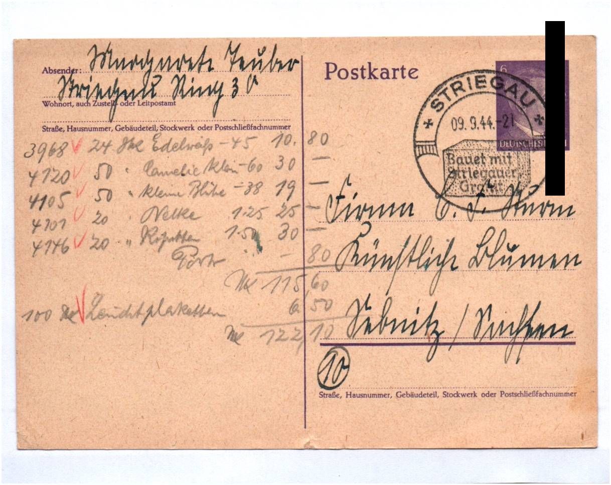 Postkarte Striegau Stempel Schlesien 1944 Postkarte Striegau Stempel Schlesien 1944
