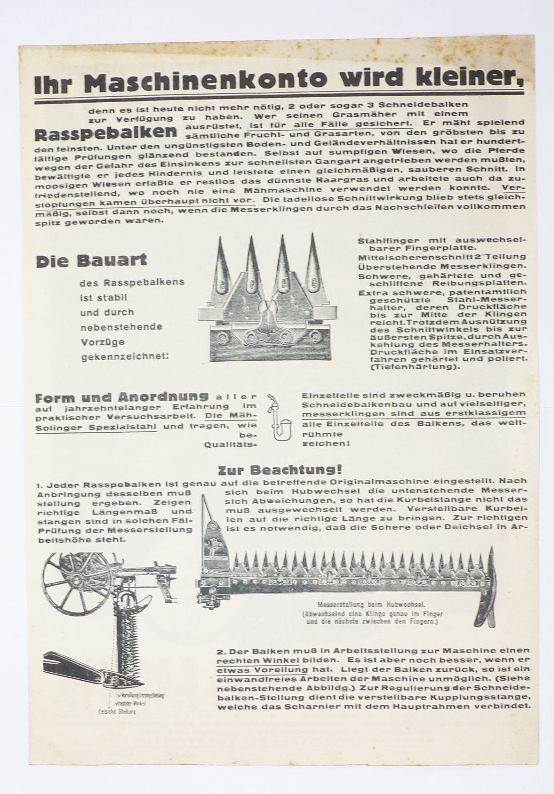 Werbe Druck Rasspe Balken 1930er Landwirtschaft Balkenmäher