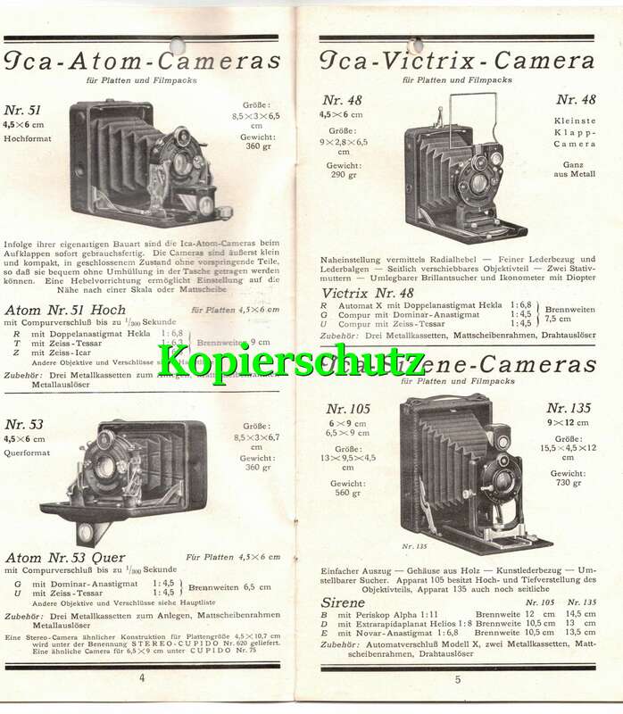 Katalog Auszugsliste Ica Kamera und Zubehör 1920er 