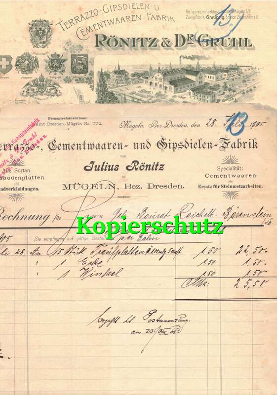 Konvolut Litho Rechnungen Rönitz & Dr. Gruhl Terrazzo Zement Waren Mügeln Dresden 1908 