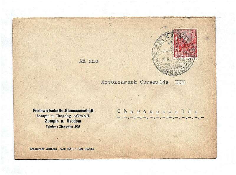 DDR Brief Fischwirtschafts Genossenschaft Zempin Usedom 1956