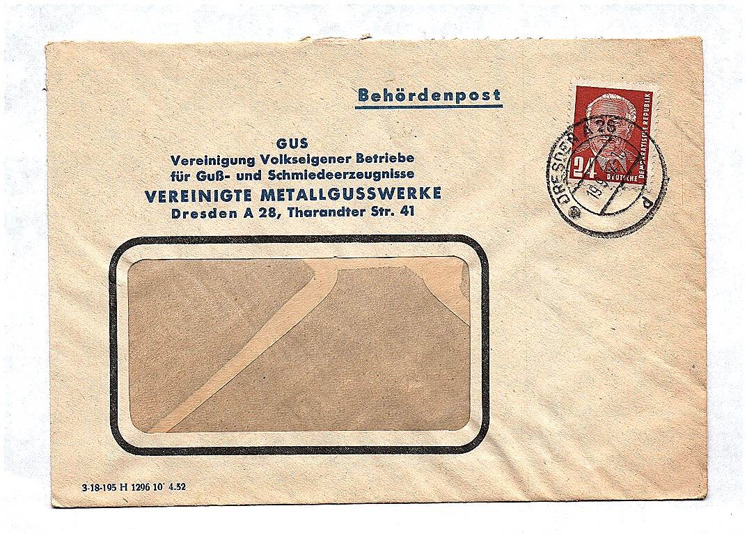 Behördenpost DDR 1952 GUS Vereinigte Metallgusswerke