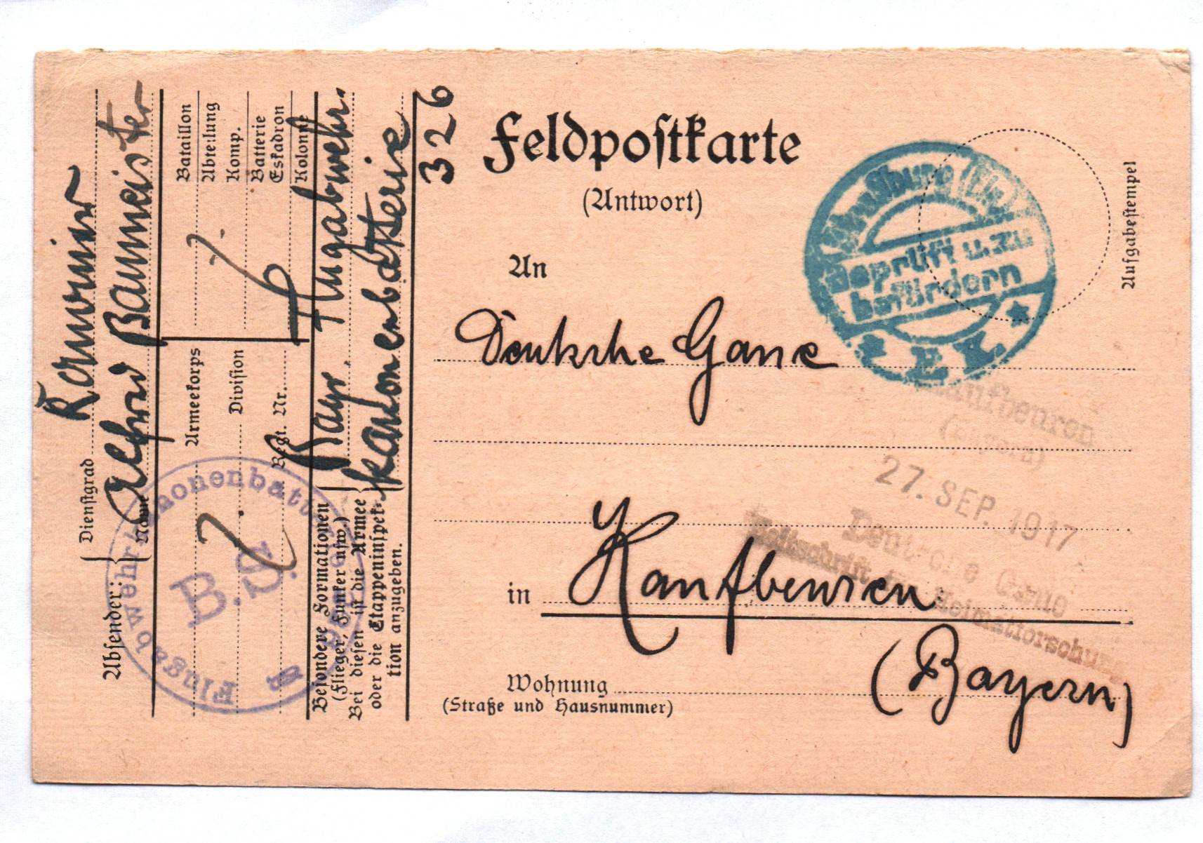 Feldpostkarte Flugabwehr Kanonen Batterie BS Zensur Stempel 