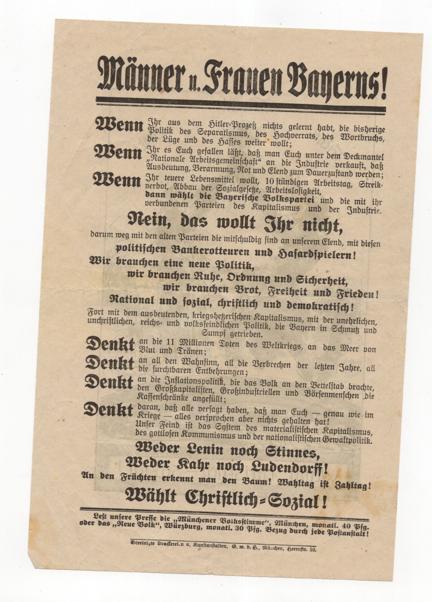 Flugblatt Wählt christlich sozial 1919 Bayern München 