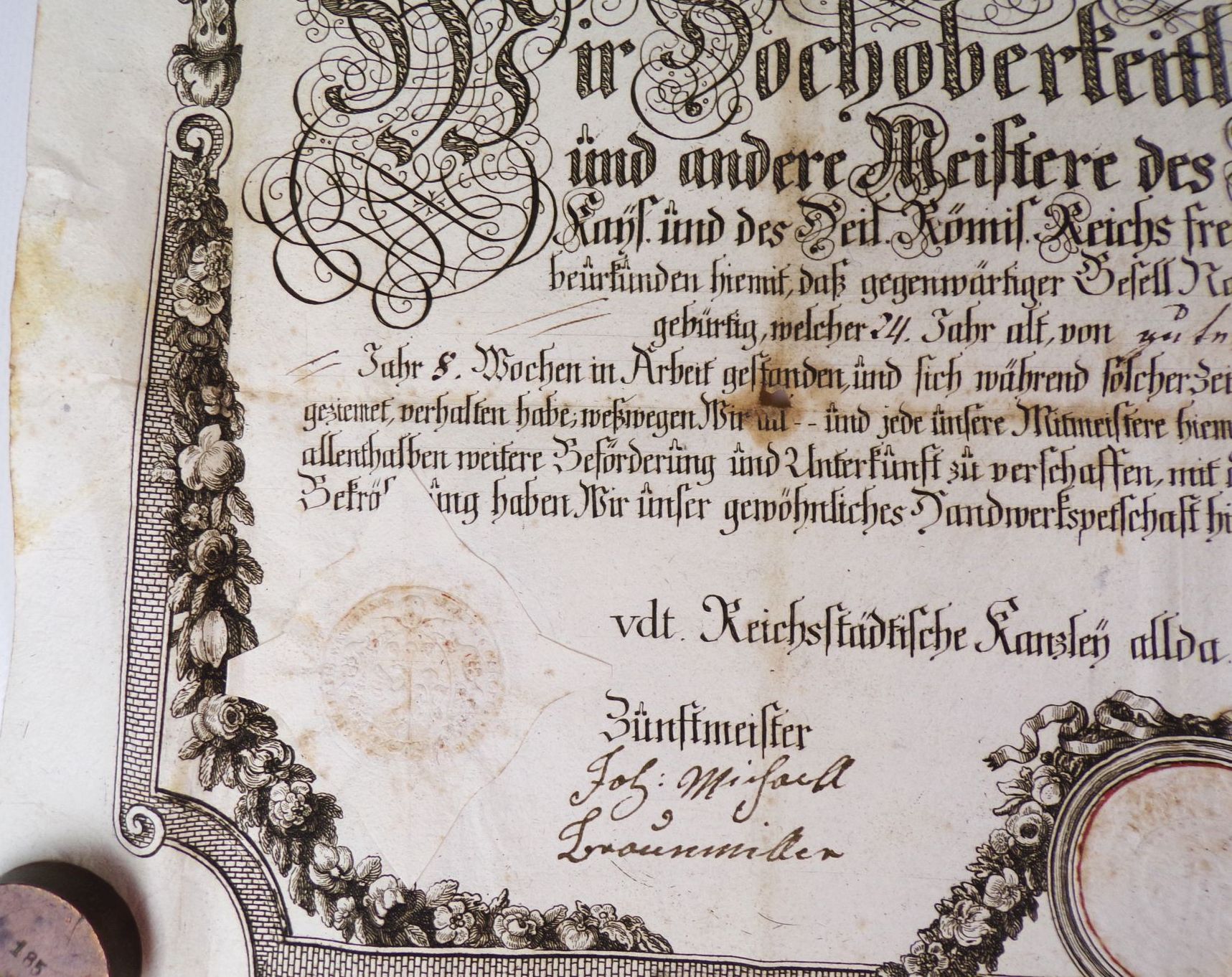 Uralter Gesellenbrief Zimmermann 1794 Wangen Allgäu Kupferstich