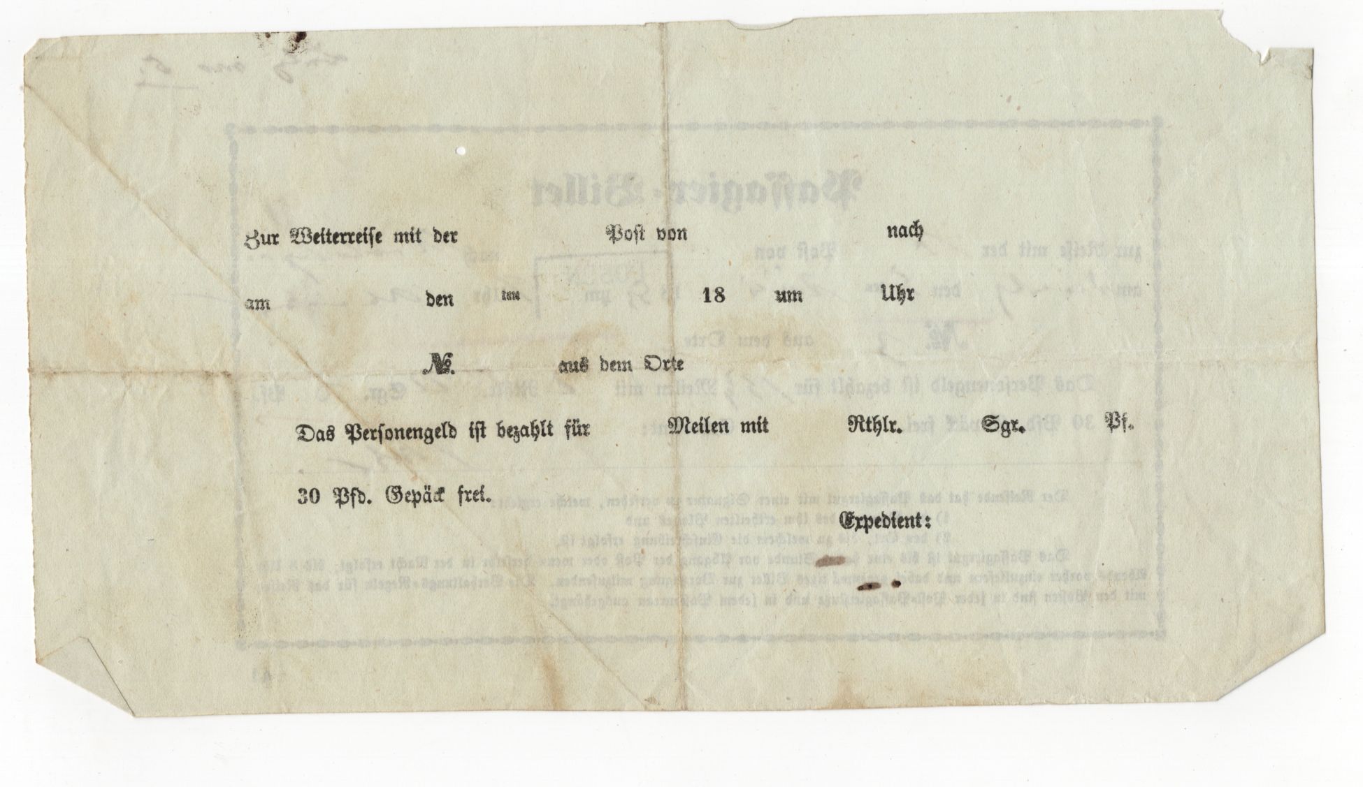 Passagier Billet Posen nach Krotoschin 1853 Dokument Passagier Billet Posen nach Krotoschin 1853 Dokument