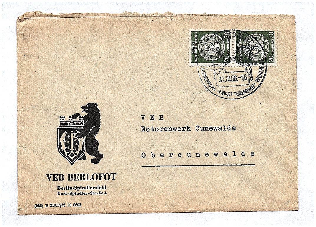 Brief VEB Berlofot Berlin Spindlersfeld 1956 DDR