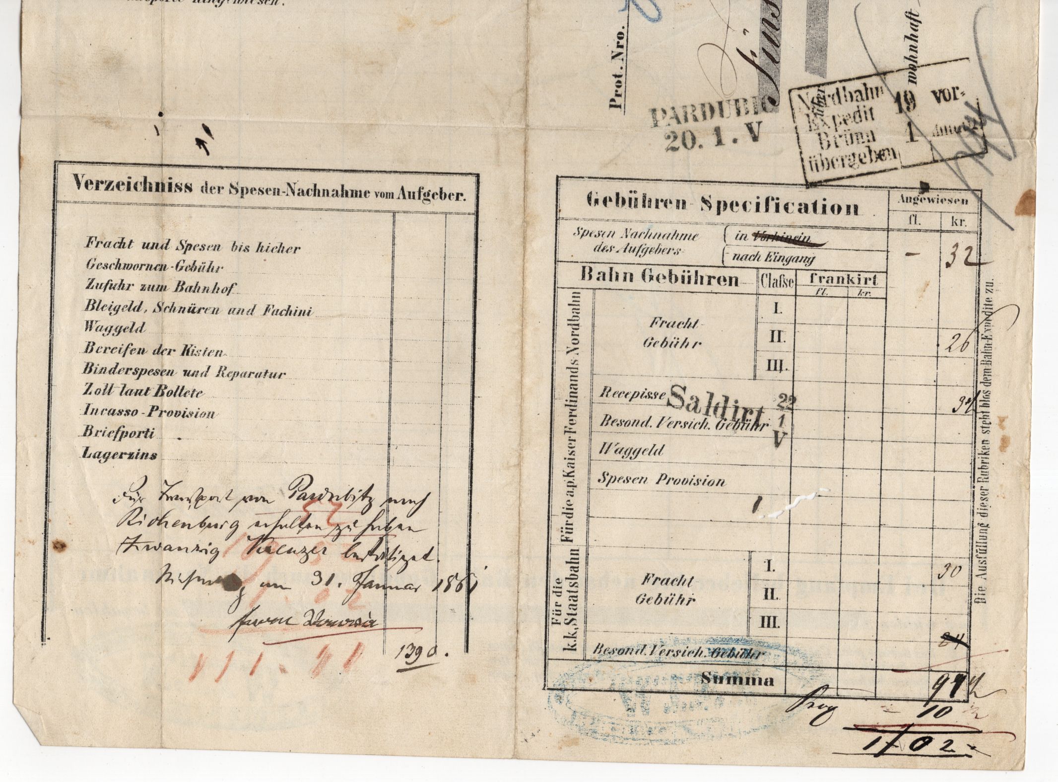 Dokument Kaiser Ferdinand Nordbahn 1861 Wien Frachtbrief 