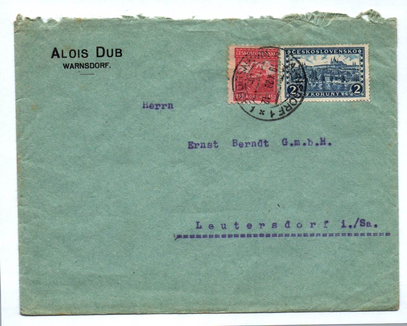 Briefkuvert Alois Dub Warnsdorf 1928 Brief