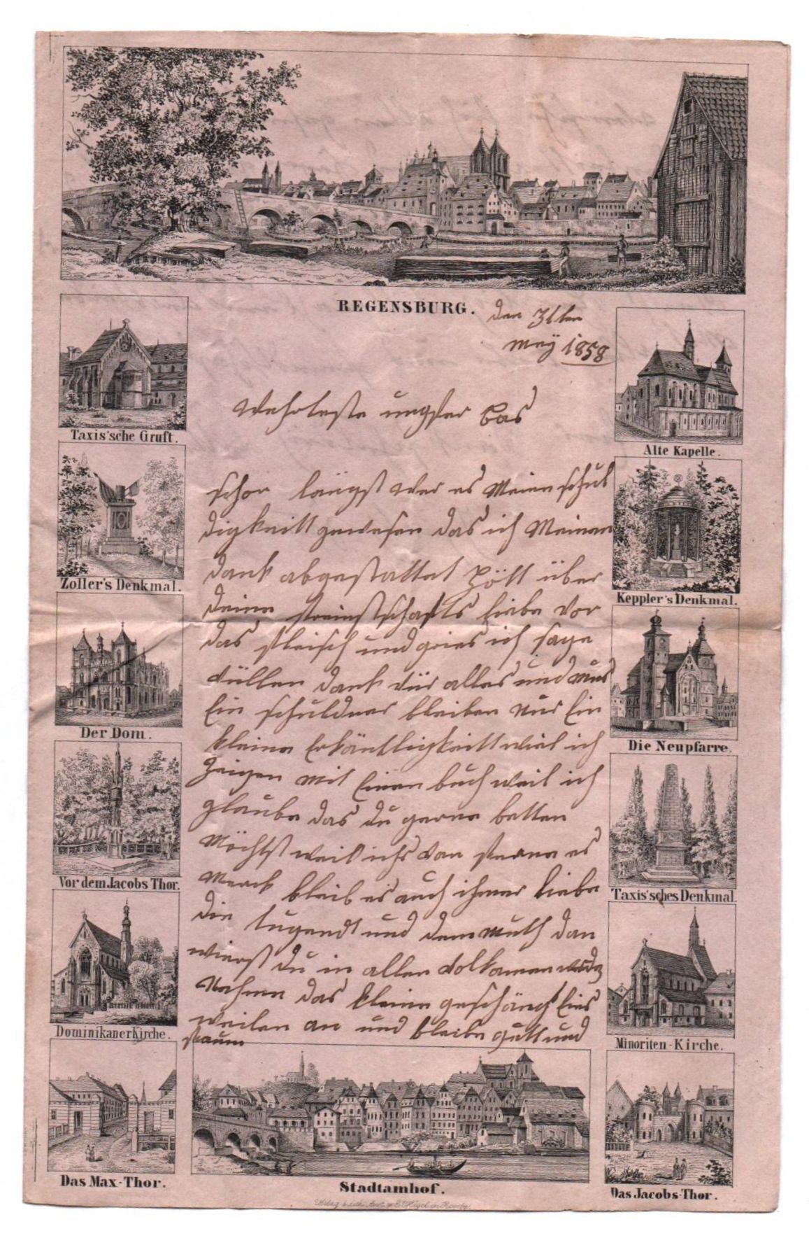 Litho Brief Regensburg 1858 Ansichten 